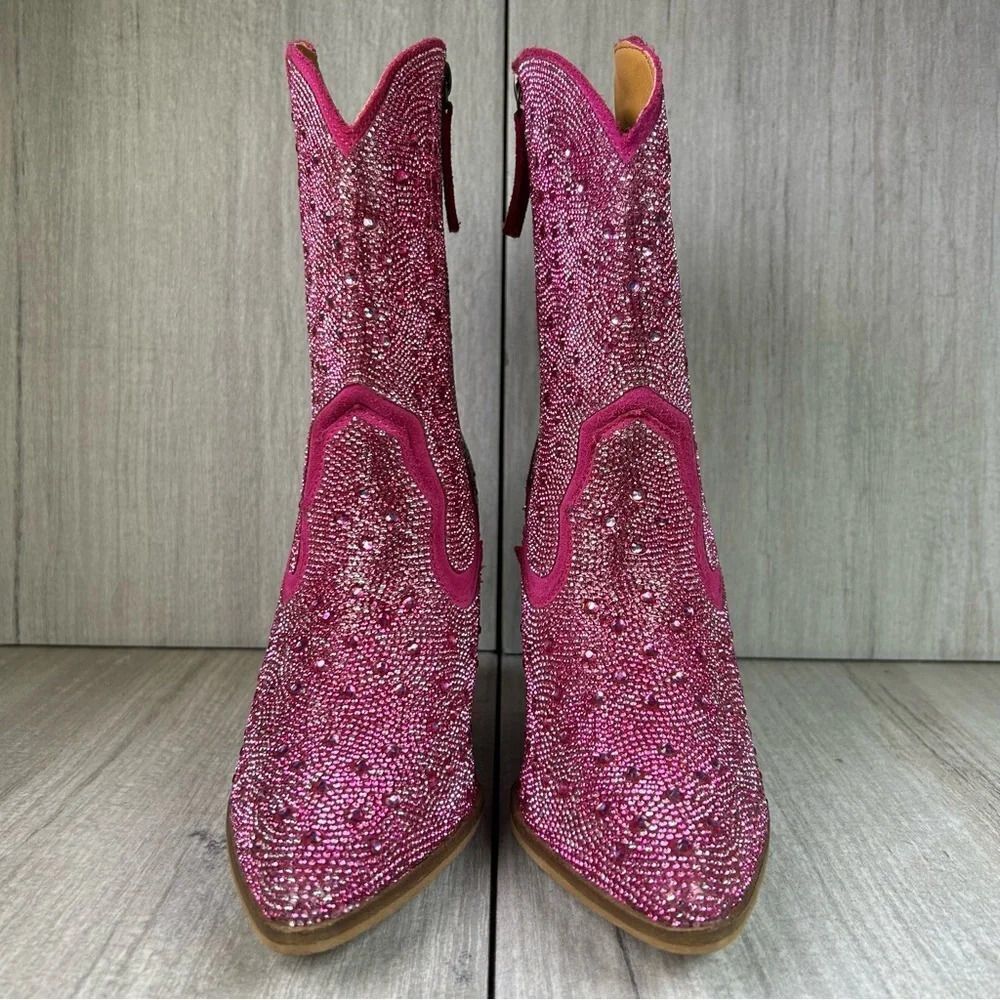 NEW Dingo Neon‎ Moon Rhinestone Heeled Cowboy Western Boot Fuchsia Womens Size 8 - Picture 5 of 10